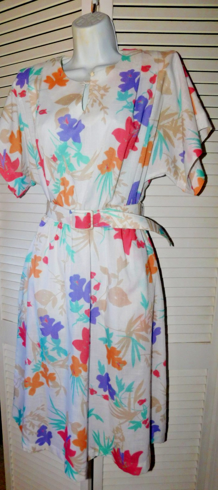 VTG Luci Pellini Size 12 Multicolor Floral Women Belted Poly 1980s Day Dress USA