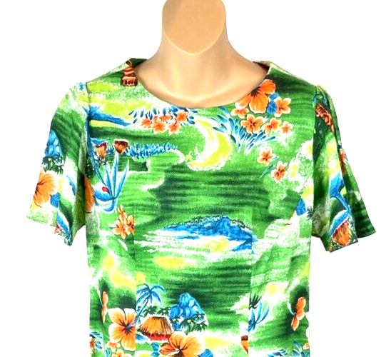 Vintage Hawaiian Dress Size 12 Large Tropical Green Floral Maxi Barkcloth