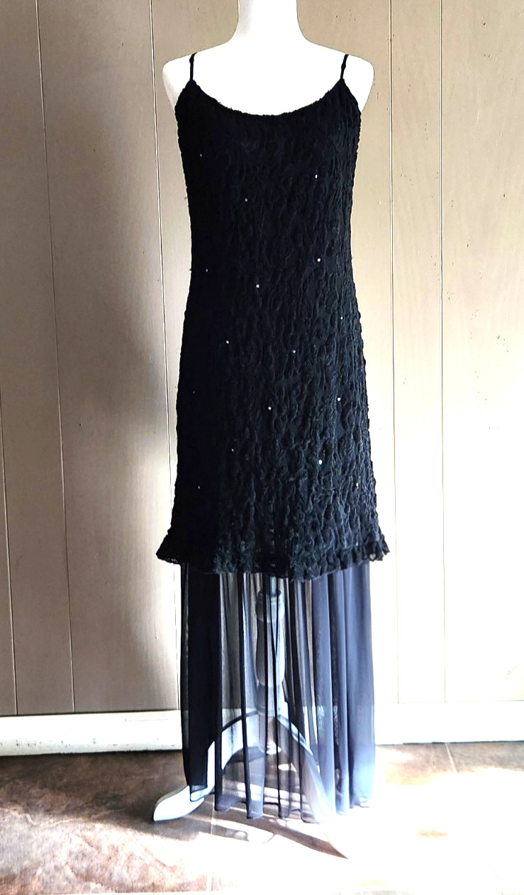 Vin: 80s Casadei Black Brocade Chiffon Rhinestone Evening Dress Beautiful Sz 18