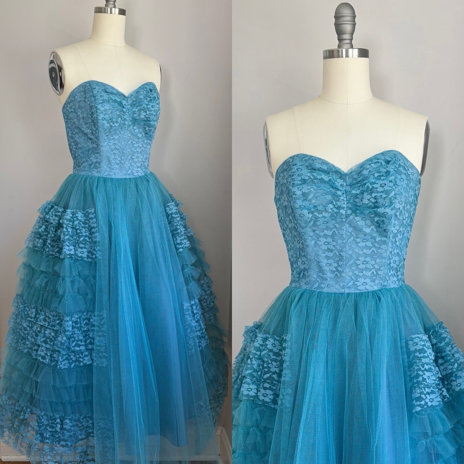 Vintage 1950’s Blue Ruffled Tulle & Lace Strapless Cupcake Prom Party Dress XS