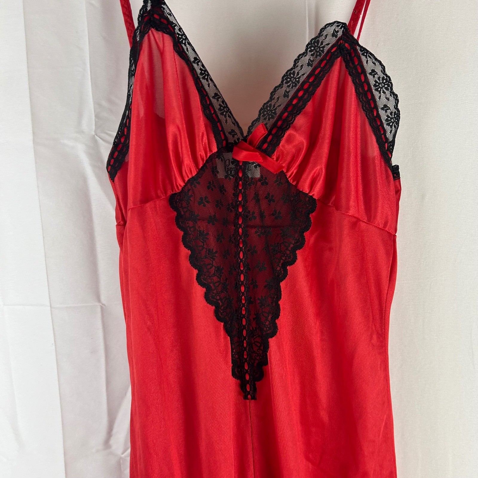 Vintage Paramount New York Red Satin Nightgown Black Lace Trim Maxi Slip Dress