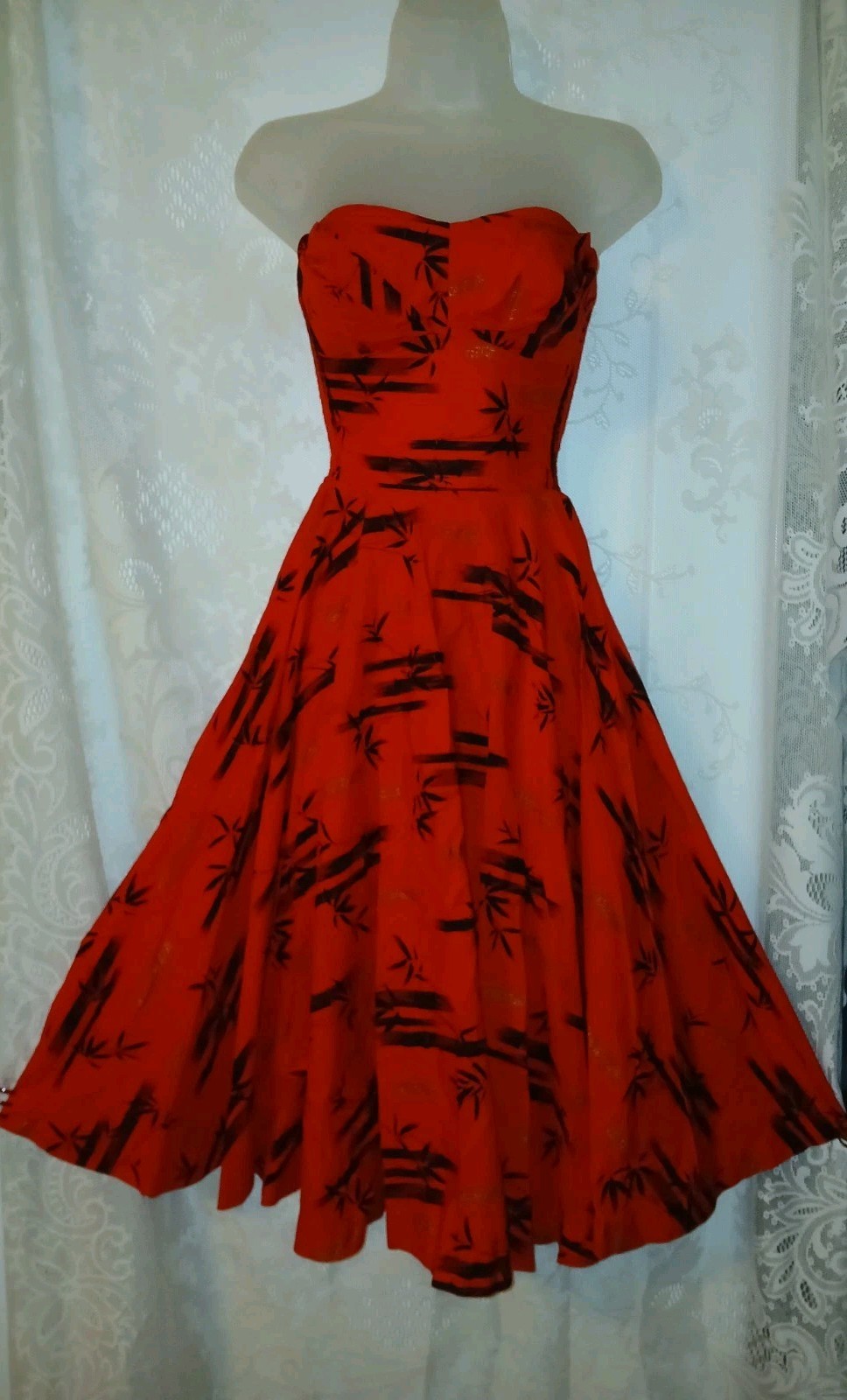 Vintage 50s TROPICANA Hawaiian Bamboo Tiki Red Cotton Shelf Bust Swing Dress XS
