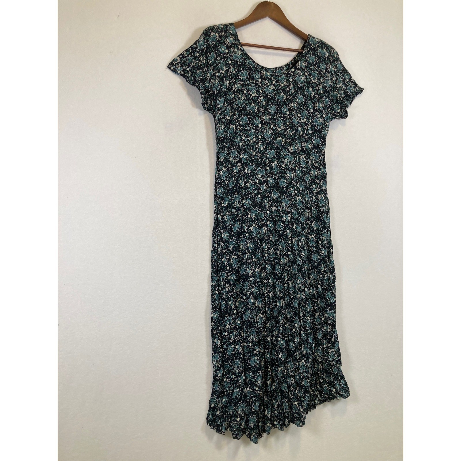 90s Cottagecore Rabbit Rabbit Rabbit Designs 12M Black Teal Floral Midi Dress