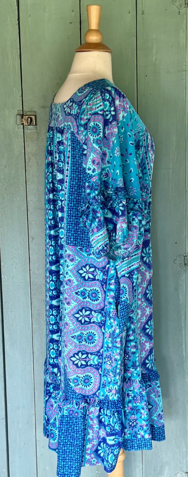 VTG Gerry CA Barkcloth Muumuu Patio Lounge Dress Rainbow Batik Psychedelic Mod M
