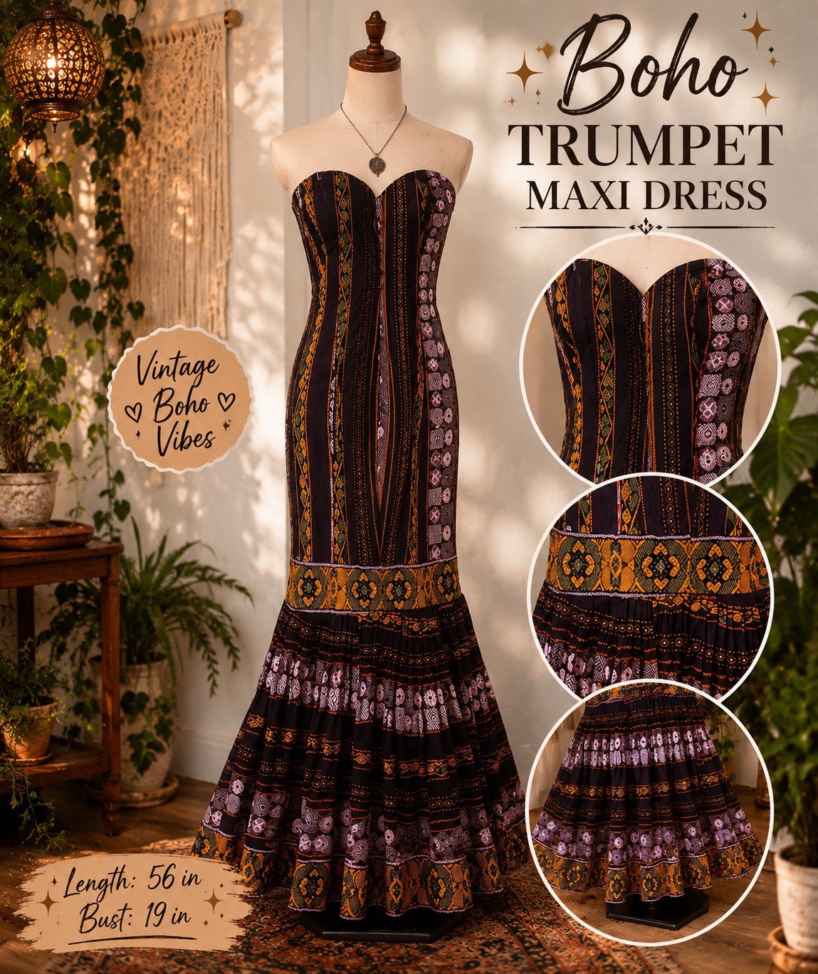 Vintage Boho Trumpet Maxi Dress Ethnic Print Festival Cottagecore