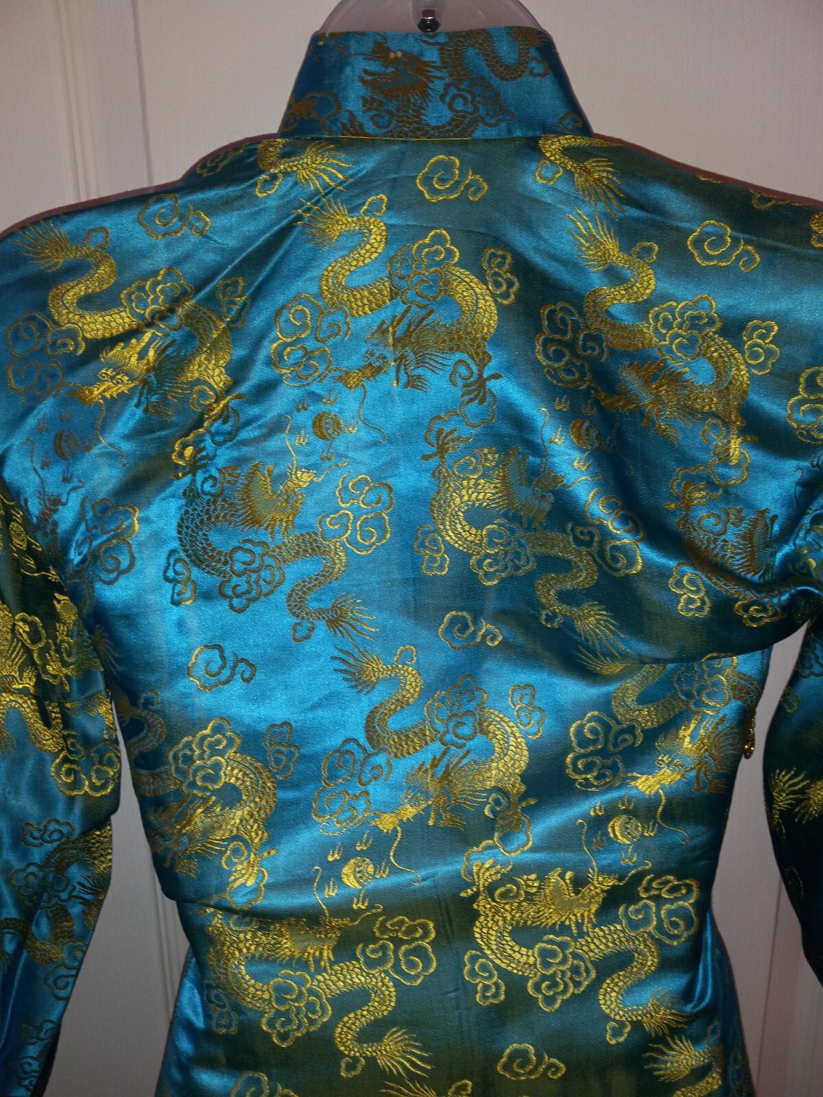 Vintage 60s Cheongsam Silk Turquoise Gold Oriental Dragon Wiggle Dress S Tiki O