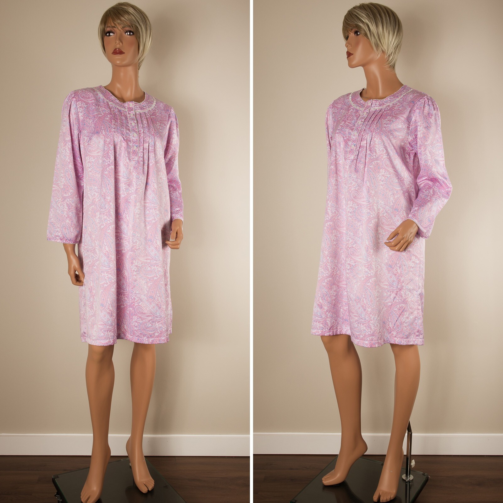 💖 MISS ELAINE Petites Pink Satin Nightgown Paisley Long Sleeve PM