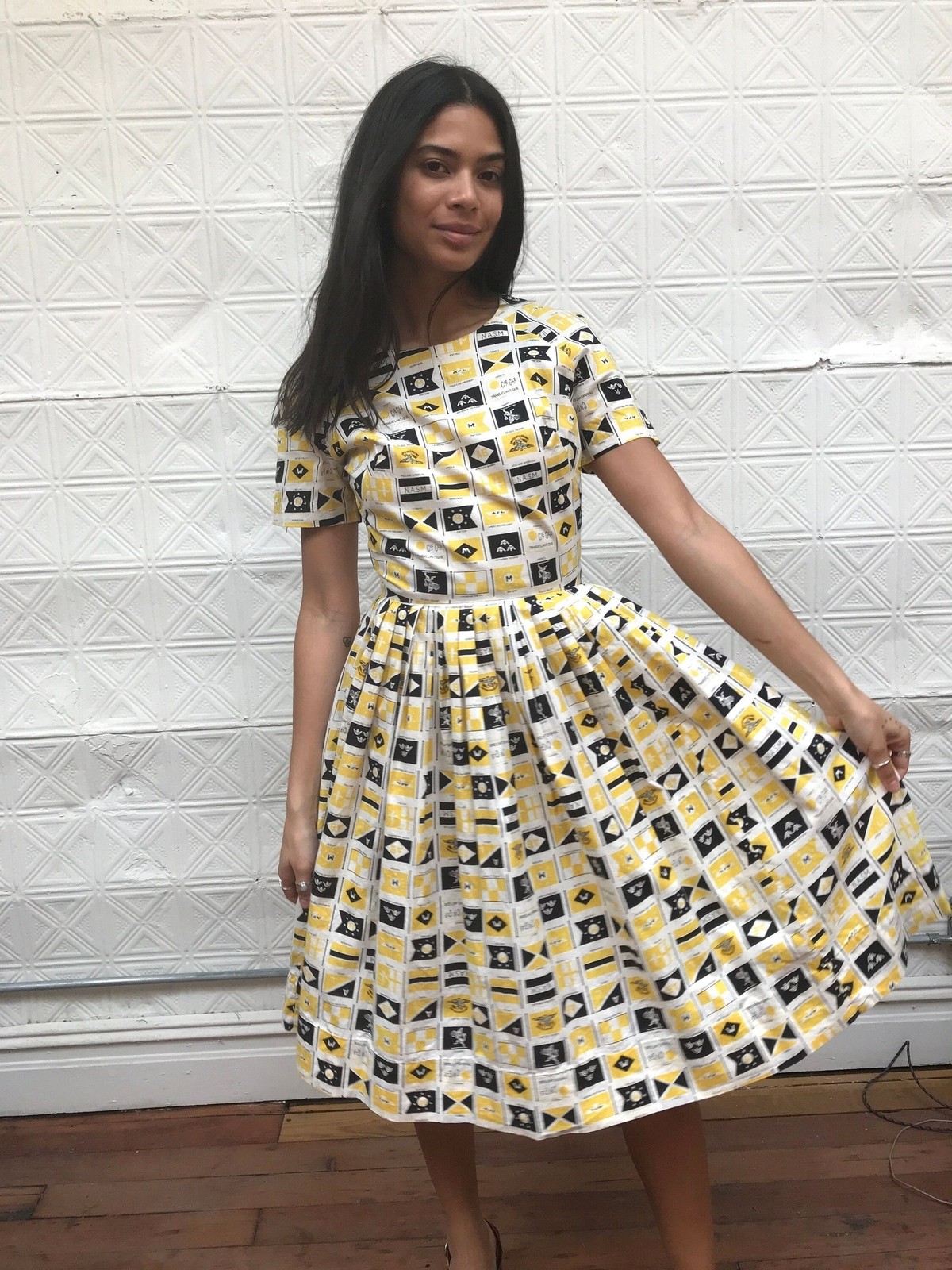 1950s Cotton Fit & Flare Dress: Yellow Black Flag Novelty Print
