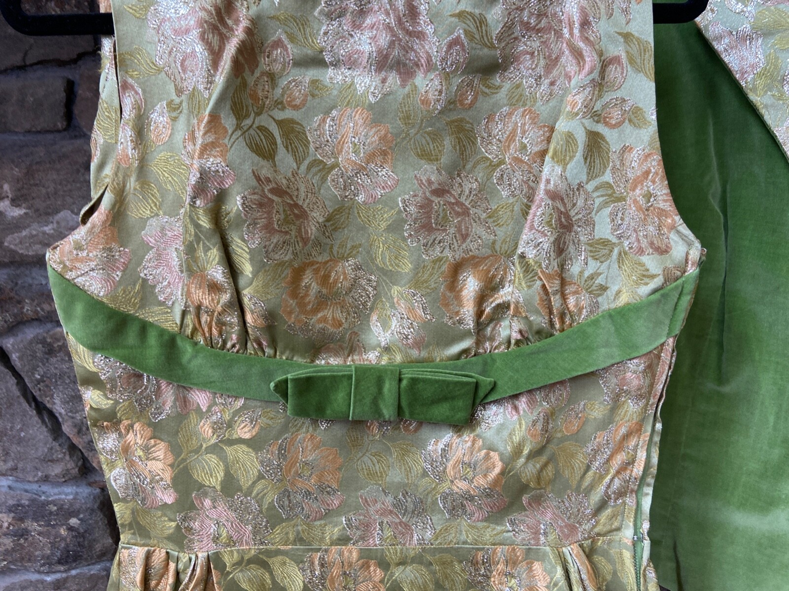 Fabulous Dress and Jacket Set GreenGold Brocade Velvet VTG 60s Holiday Party