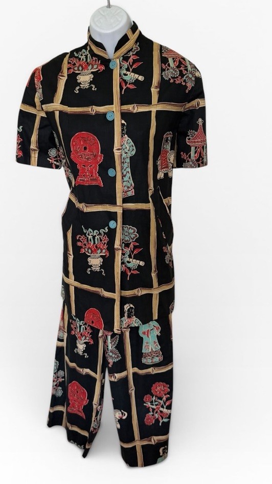 Vtg 1940s Paulette Original Asian Print Lounge Set XS/S Blouse Pants Metal Zip