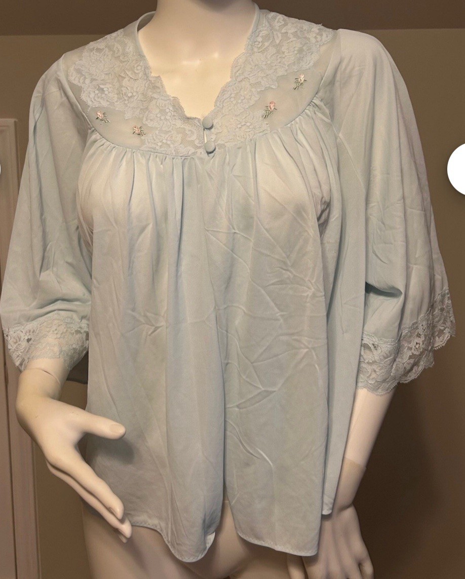 Vntg Shadow Line Night Jacket Top Sz Small Baby Blue Pink Roses Lace Trim