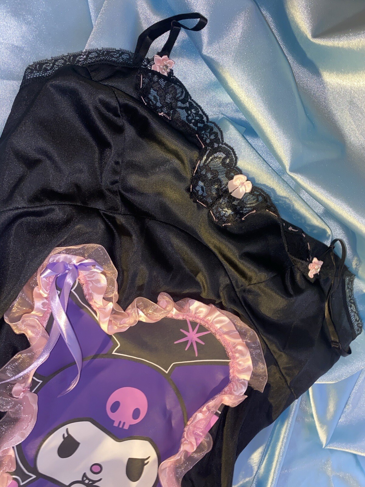 VTG SILKY NYLON Kuromi RAVE PARTY GRUNGE POP PARTY KAWAII DRESS SLIP GOWN GOTH