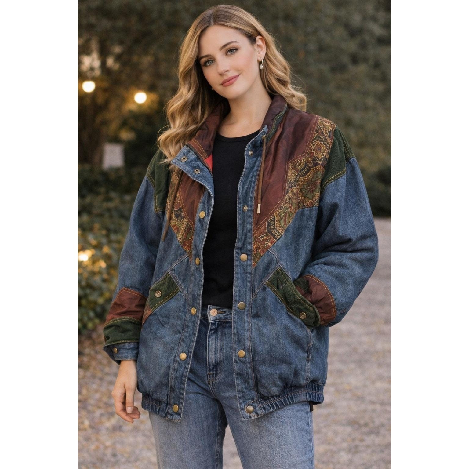 Two Twenty Denim Jacket Aztec Print Lined Snap Front Quilted Coat Vintage 90s