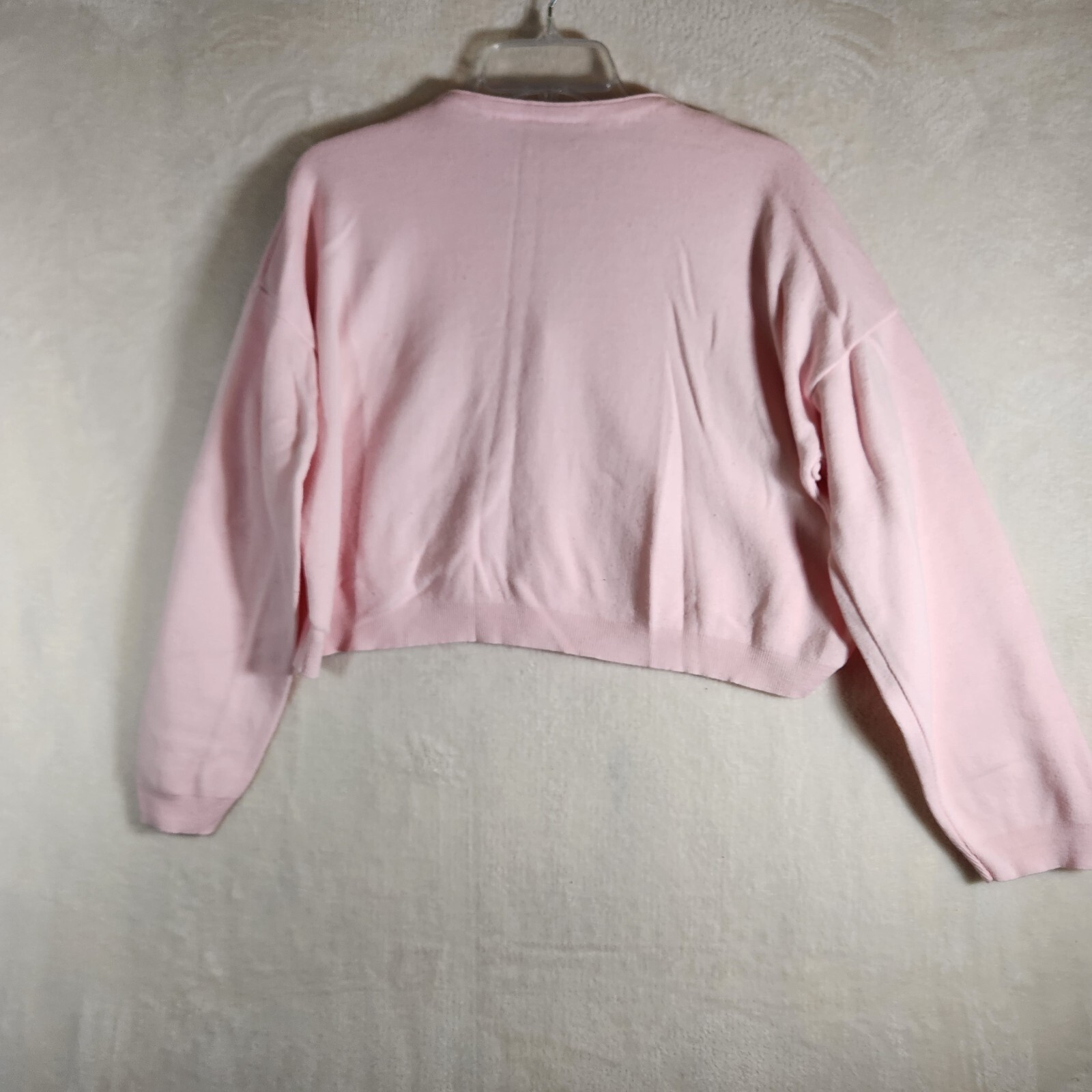 Vintage Pink Sweater Cropped Cardigan Cotton Pastel Made In USA Large 90s Y2K