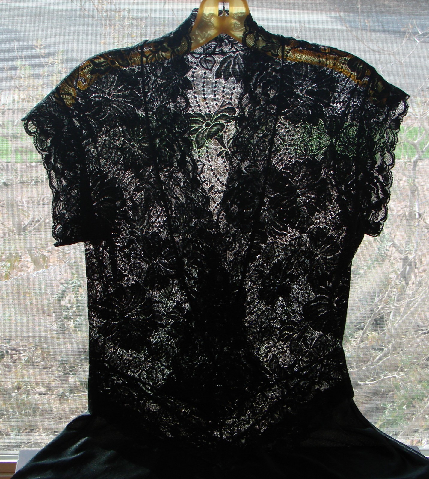 Vintage Black FARIS Stretch Lace Bodice Cap Sleeve Sweeping Skirt Nightgown L
