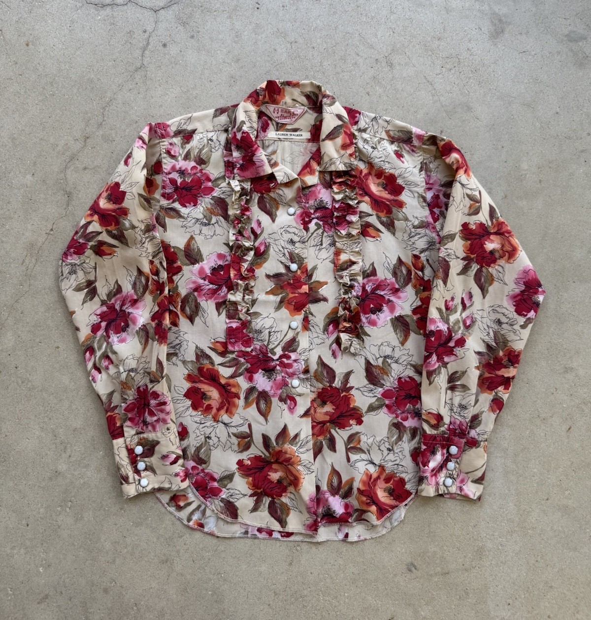 H Bar C Western Pearl Snap Ruffle Blouse Floral Rockabilly Shirt USA S Vintage