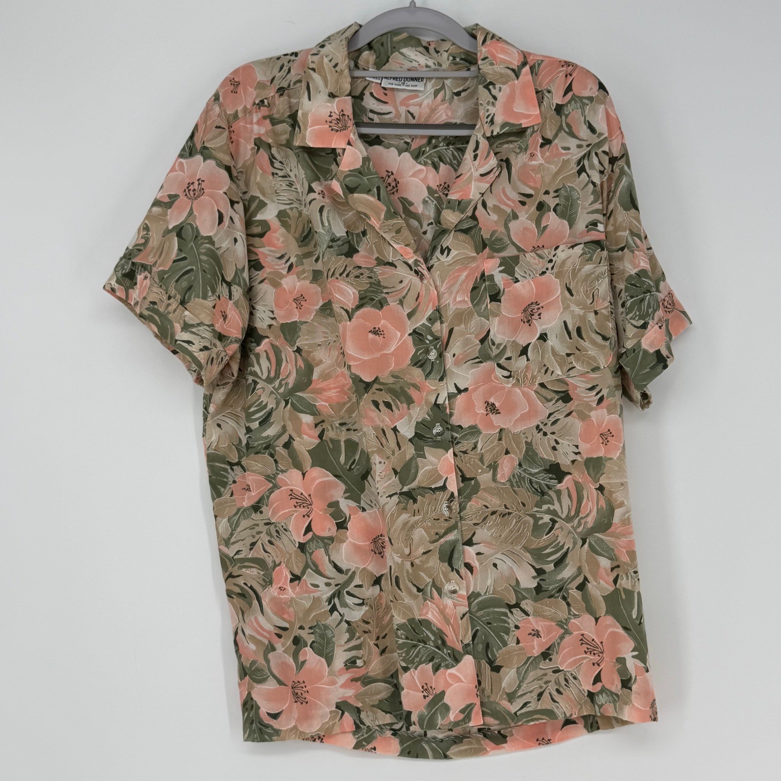 Alfred Dunner Button Down Shirt Women 18 Peach Green Floral Tropical Vintage 90s