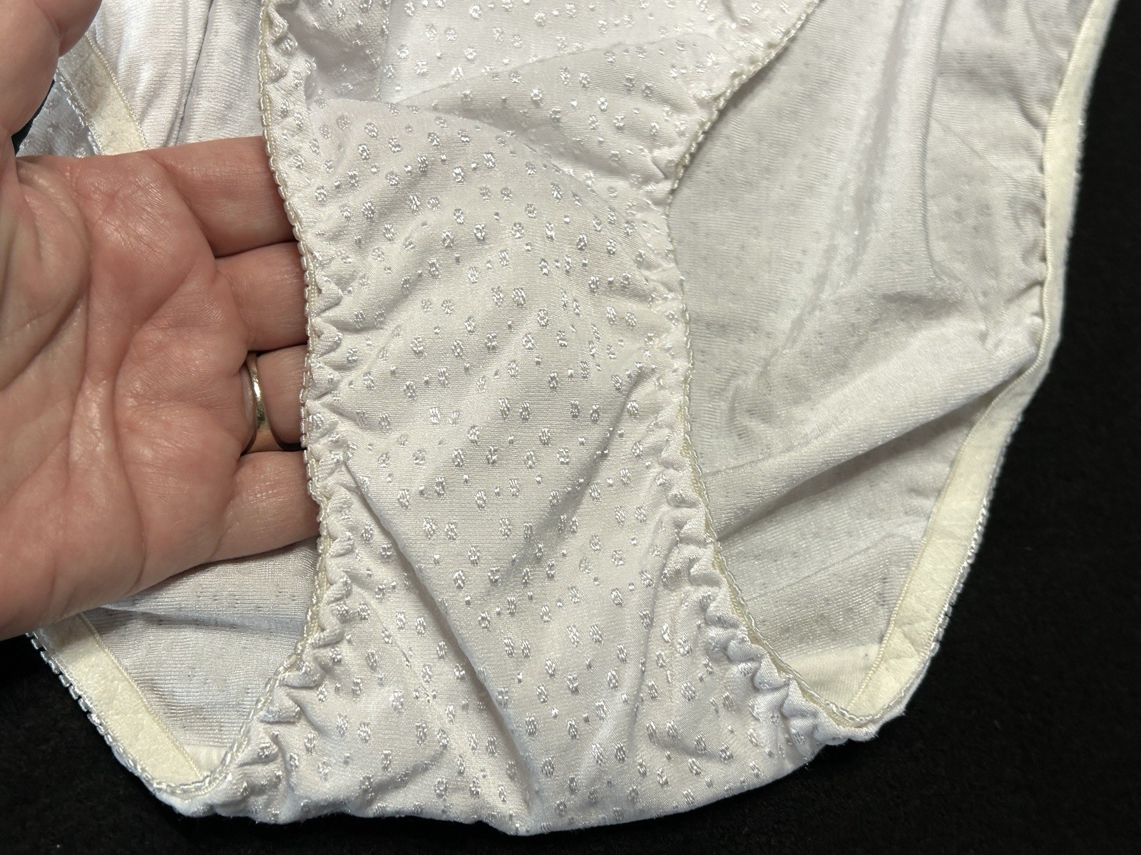 Vtg UNBRANDED Satin Embroidered Dots Hi-Leg Sz 8 White Panties #380