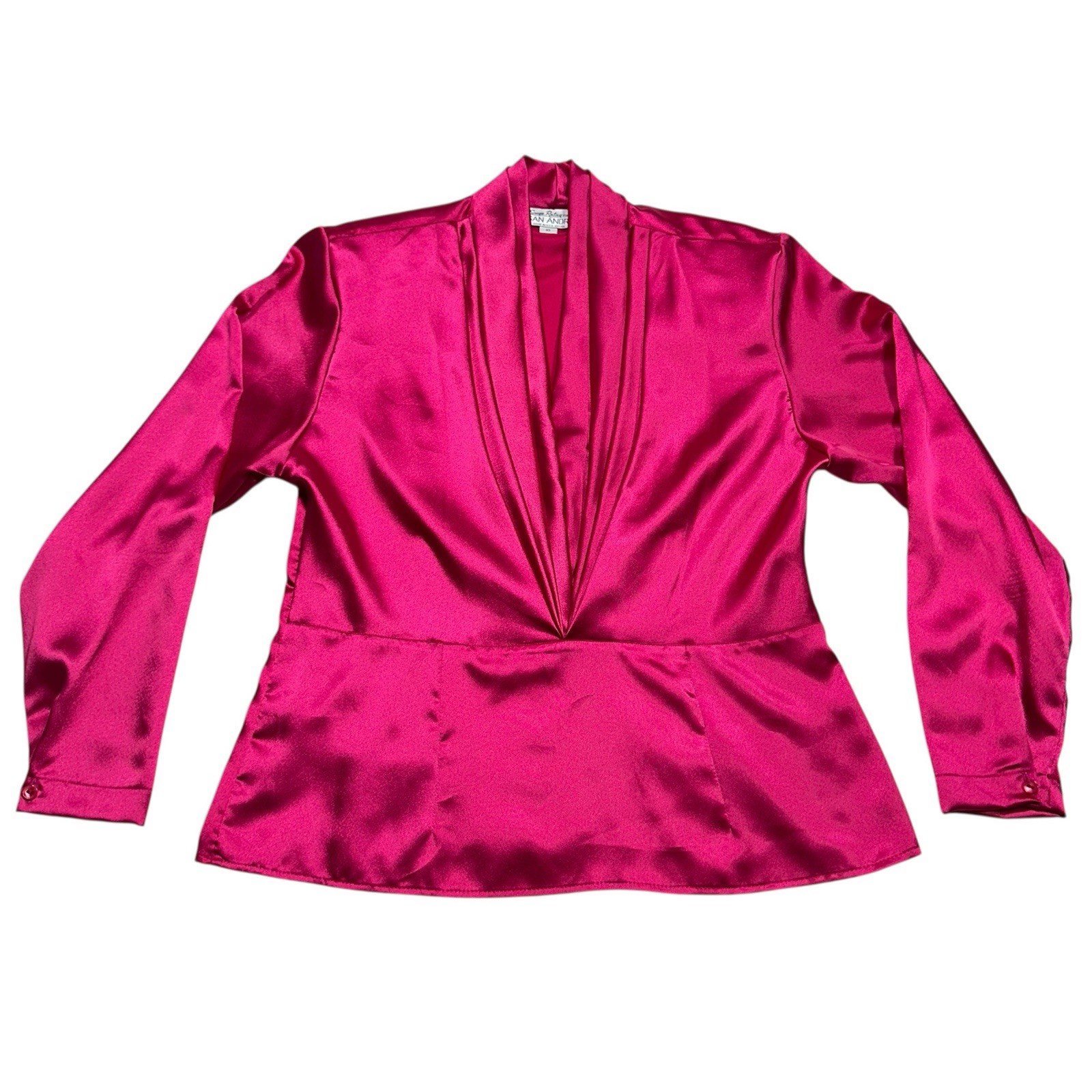 Vintage 80s Sonya Ratay by San Andre Fuchsia Pink Blouse Deep V-Neck Size 10