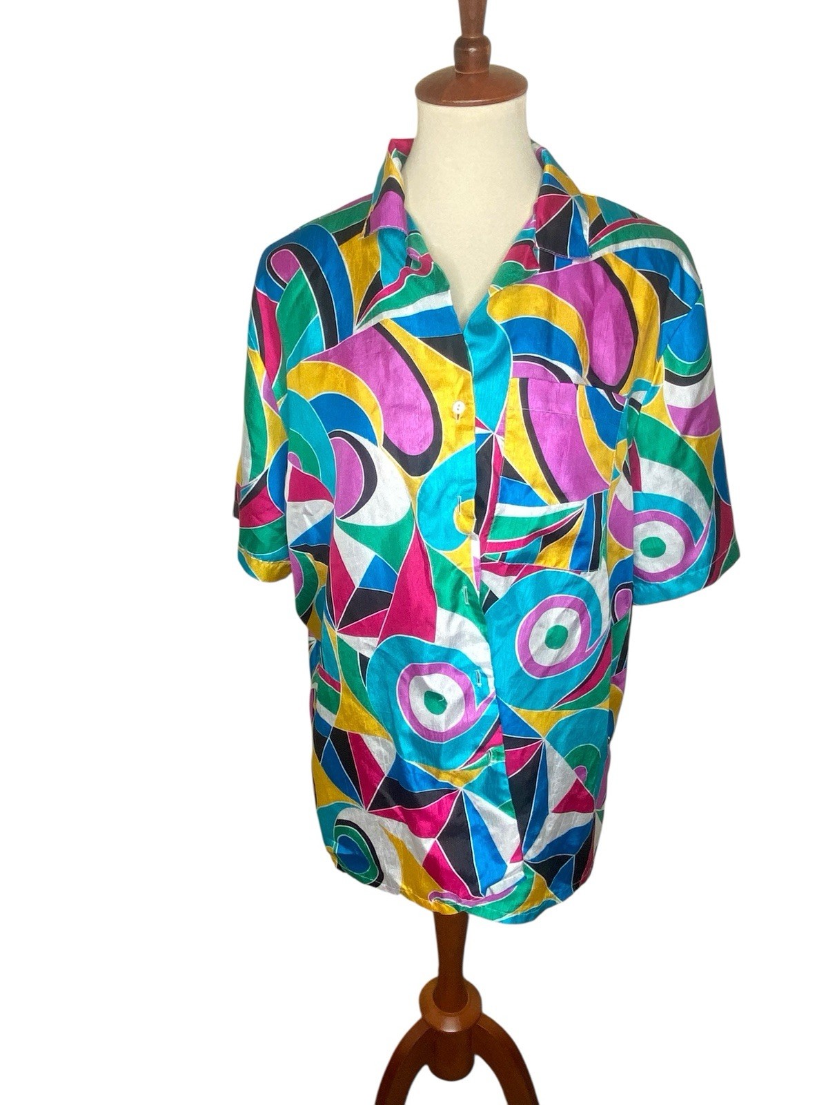 Vintage 80s Colorful Button Down Blouse With Front Pocket.