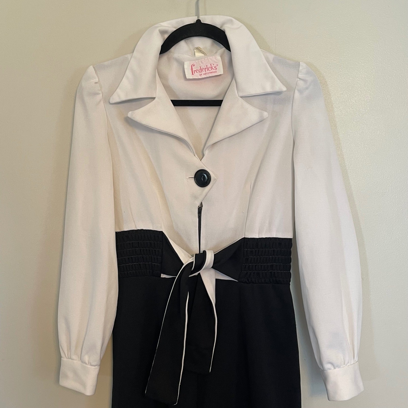 Vintage Fredericks of Hollywood Jumpsuit Black White Wide Leg Smocked 70s Tuxedo