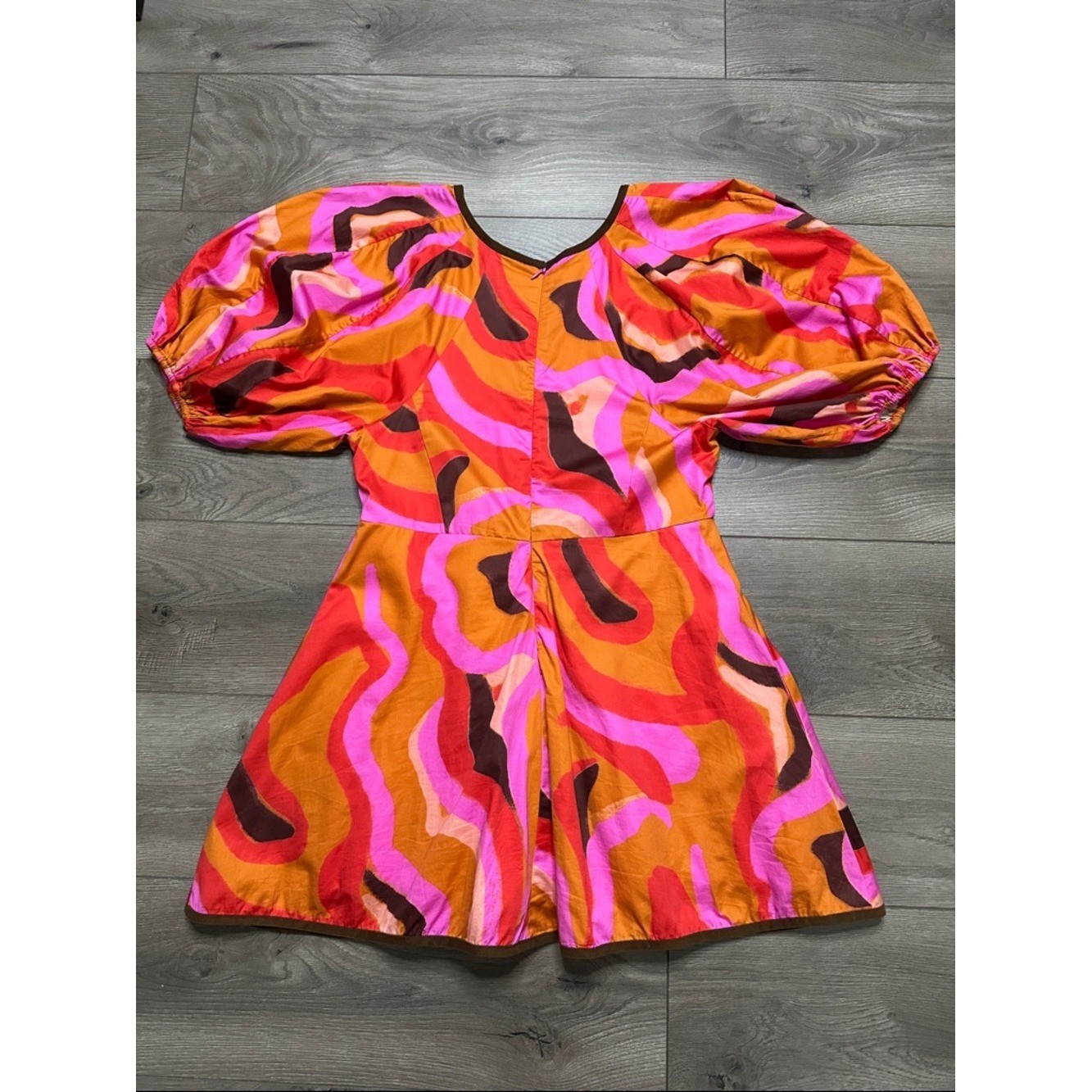 LaRoque Juliette Retro Mini Pocket Dress Puff Sleeves Orange Pink Groovy Medium