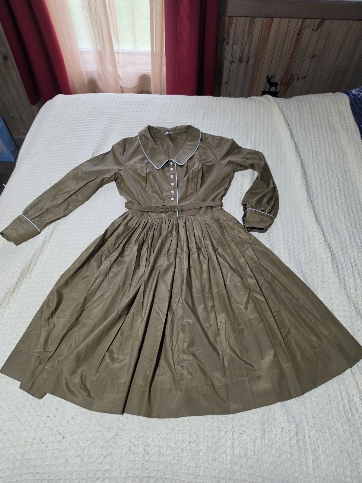Vintage 1950s Ain-R JR. Olive Green Woven Silk? Rayin?Shirtwaist Dress – S/M
