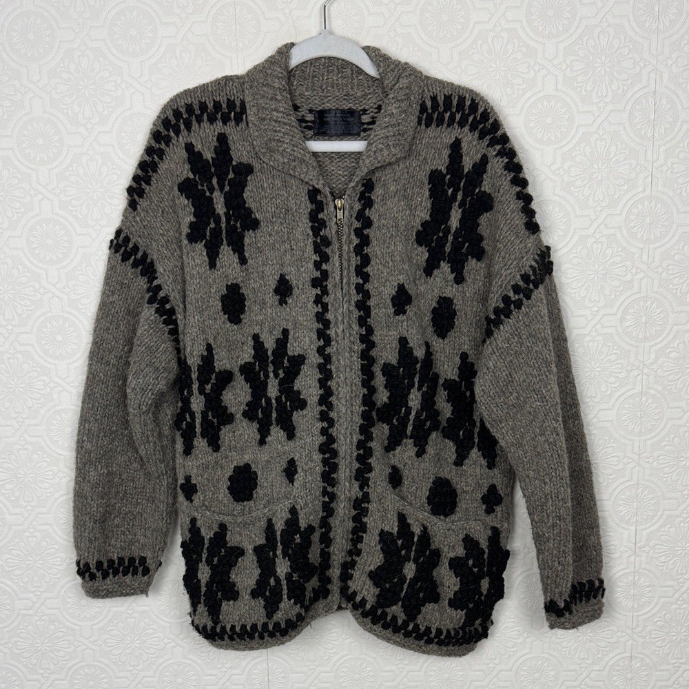 Vintage Otavalo 100% Wool Hand Made Ecuador Cardigan Sweater Zip Front Gray