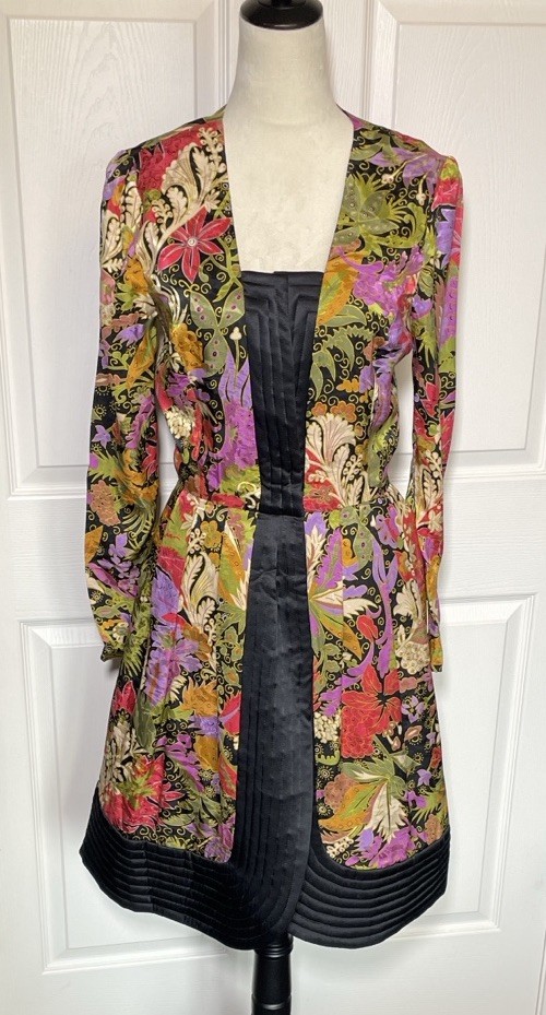 Vintage Luxury Silk Floral Coat Dress Quilted Trim Stanley Platos Martin Ross