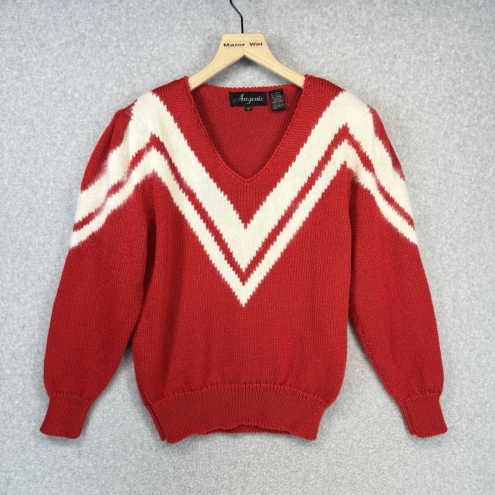 Vintage Angenie Chevron Sweater Size Small Red Knit Shoulder Pads 80s Style