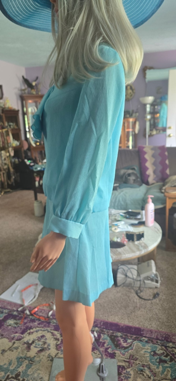 VTG 70s 80s Aqua Blue Long Sleeve Dress Set Size 9 Ruffle Flared Skirt Tiered