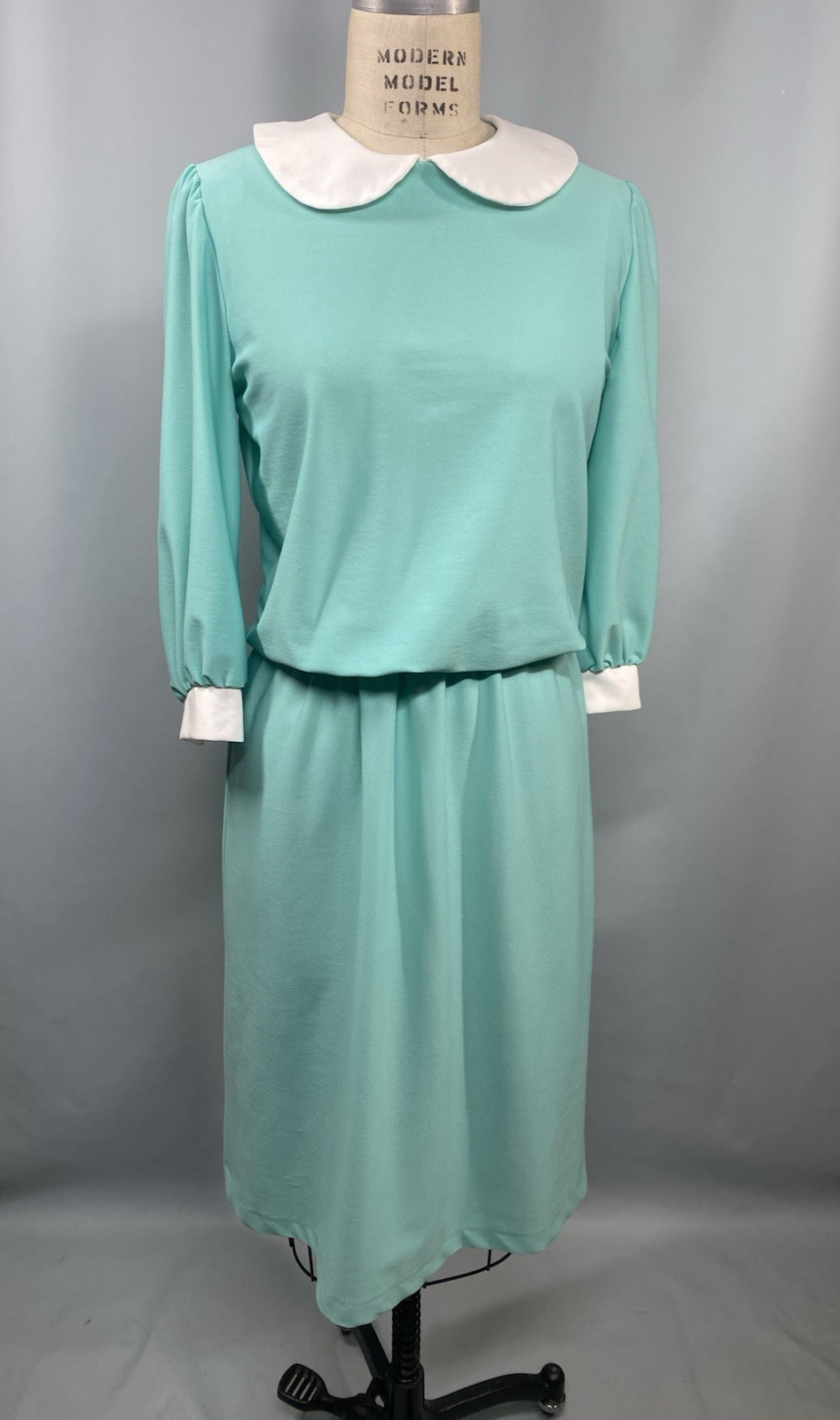 Vintage Dress JUNIORS SIZE MEDIUM teal turquoise 70s 80s Peter Pan collar