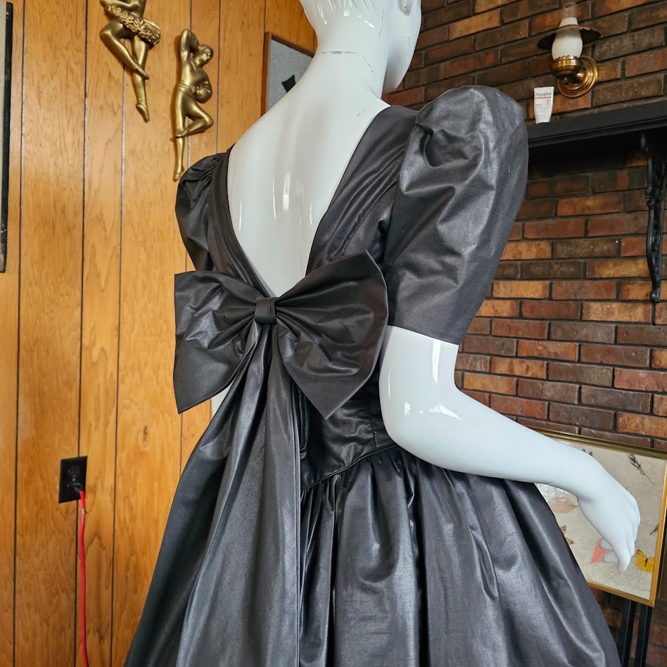 Vtg 80s Goth Princess Wedding Gunmetal Pageant Prom Party Circle Evening Dress M