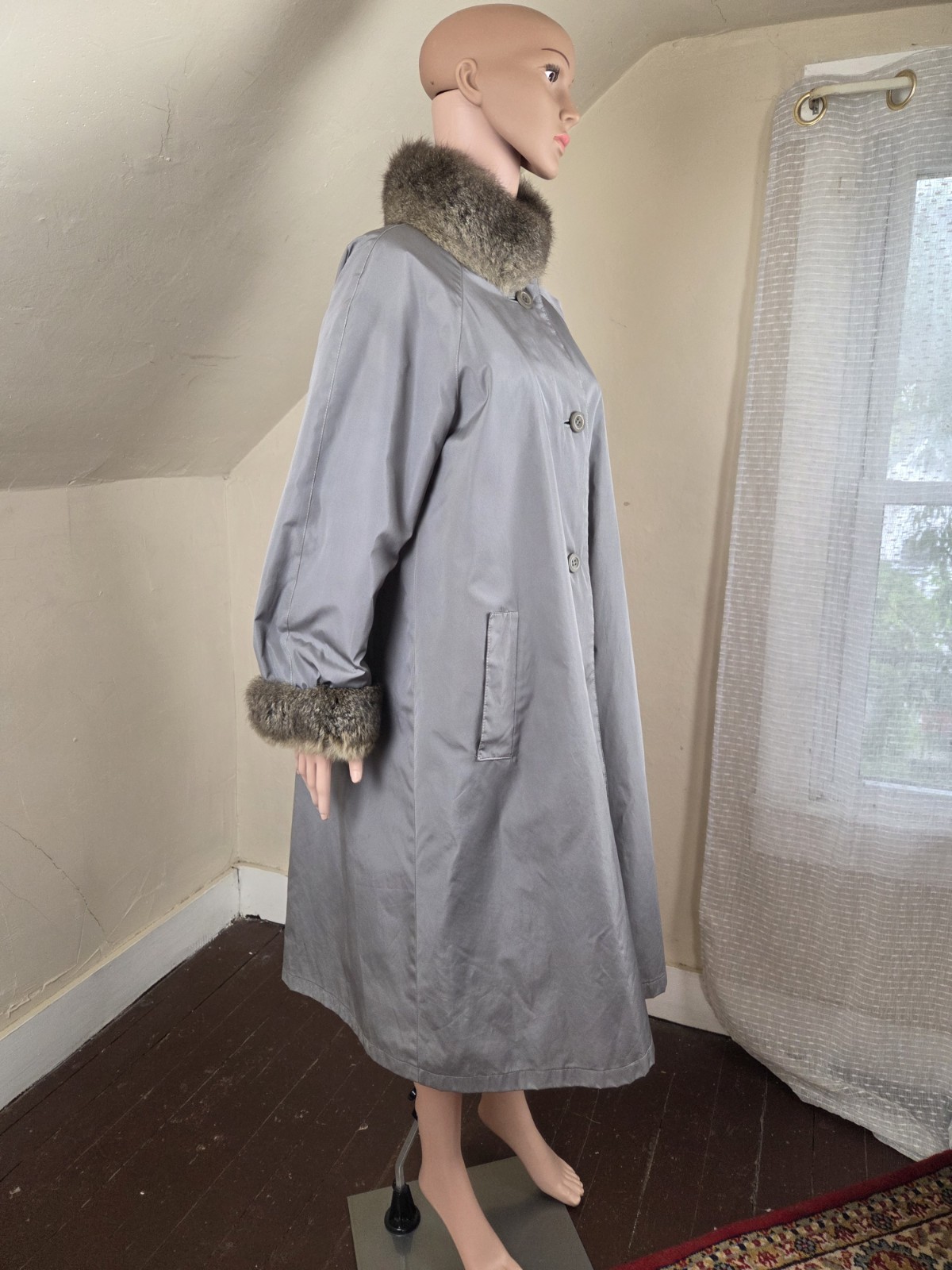 Vintage Bonnie Cashin for Russel Taylor Weatherwear Gray Fur Trim Coat USA Sz 10