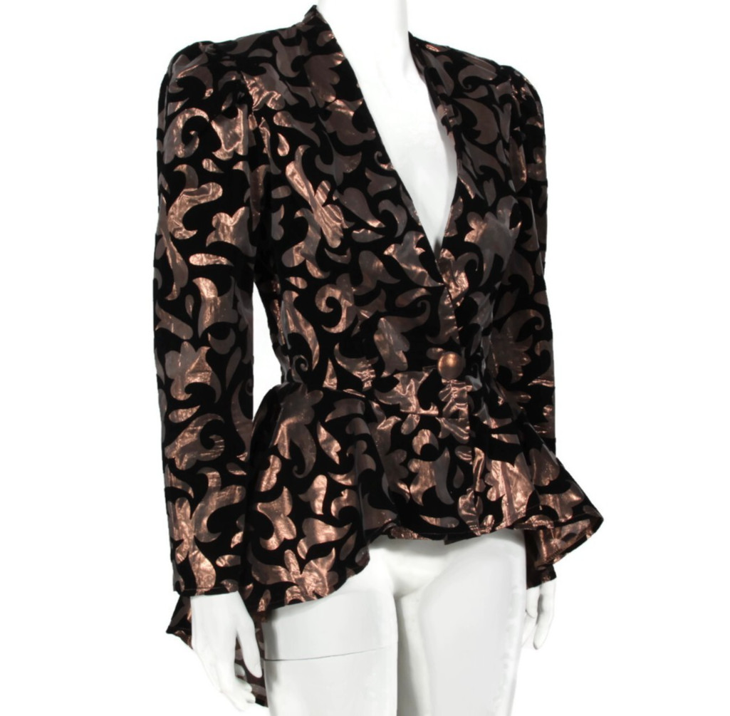 Vtg 80s L.A. Glo Black Velvet Metallic Copper Puff Sleeve Peplum Jacket 9/10 960