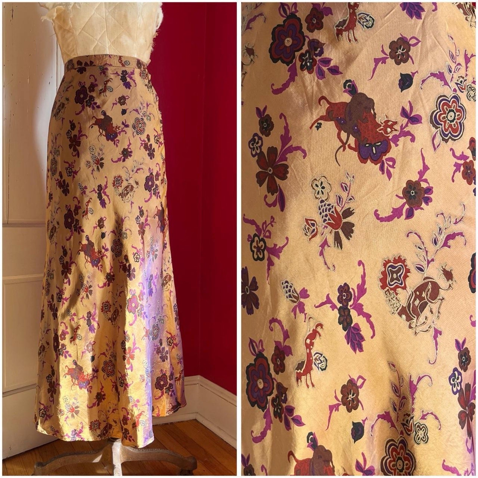 Vintage 1990s Boho Gold Satin Purple Sheen Bull & Wildcat Print Slip Skirt XS