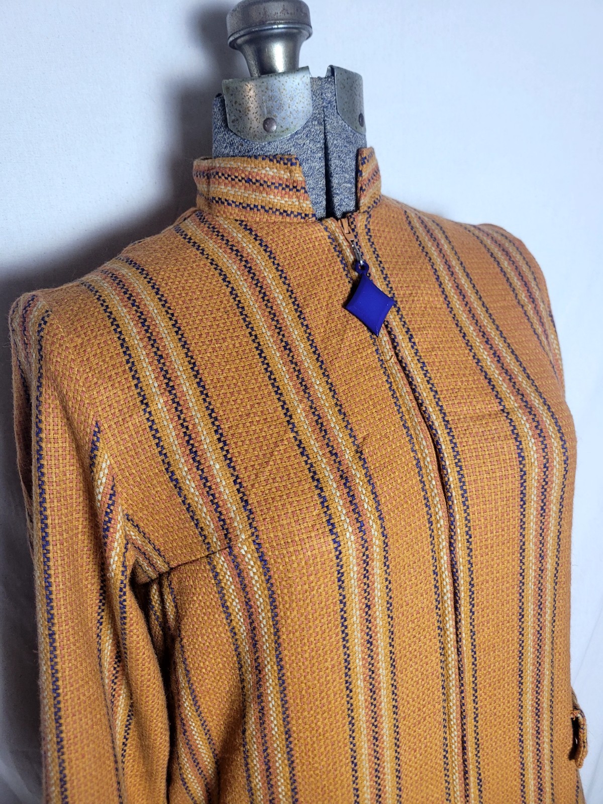 Vintage 60s Mod Wool Mini Dress Orange Stripe A Line Long Sleeve Small Zip Up