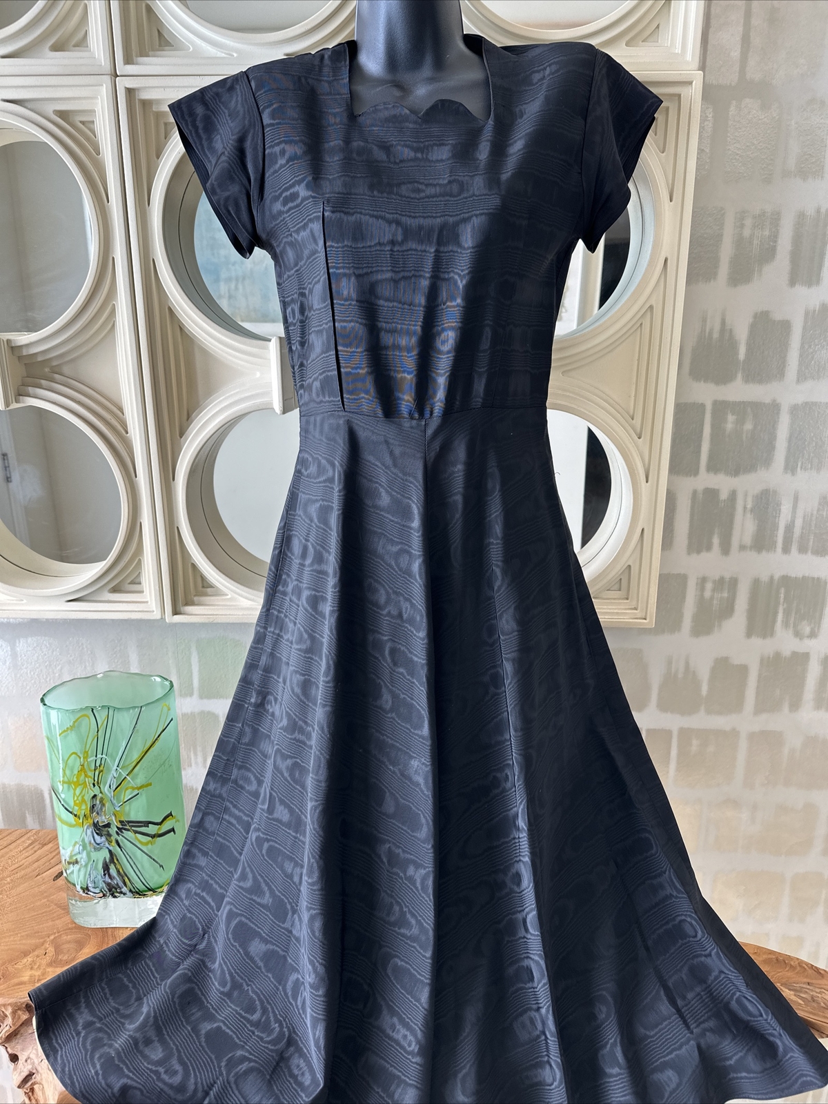 Black Silk Moire Sweetheart Neck 40s Dress From Estate Sale Of Matthew Weiner XS