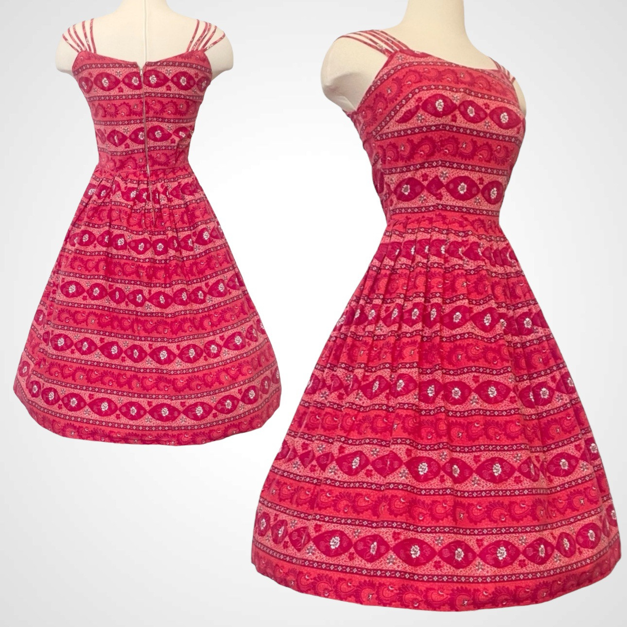 Vintage 50s 60s Red Floral Print Party Strappy Party Dress Rockabilly New Look