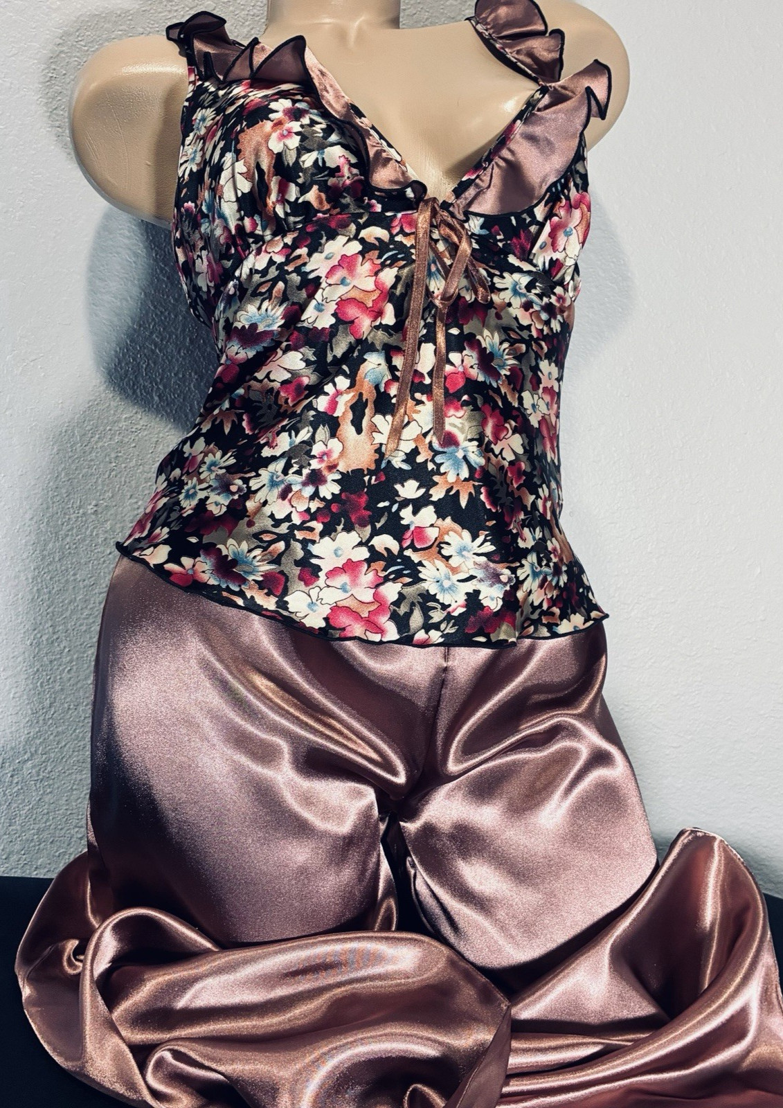 Vtg Mocha Floral Camisole Satin Pajama Pants M