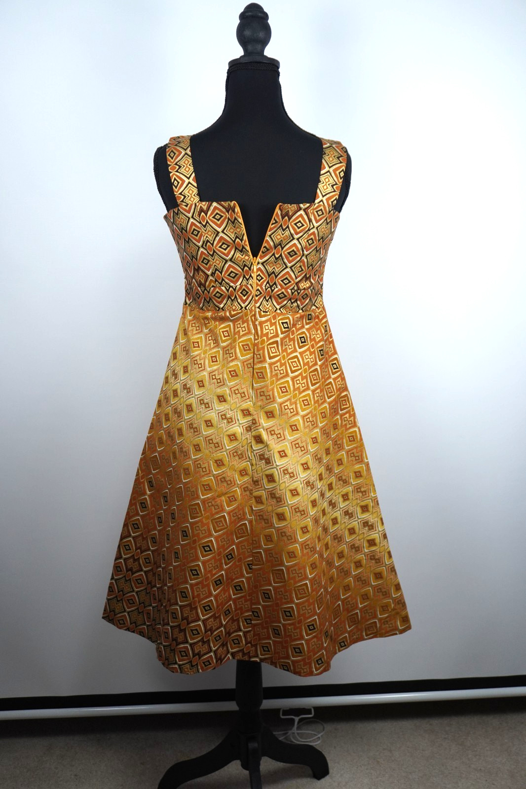 Retro 1960s Dress XS gold and brown boho retro empire style handmade Geometric