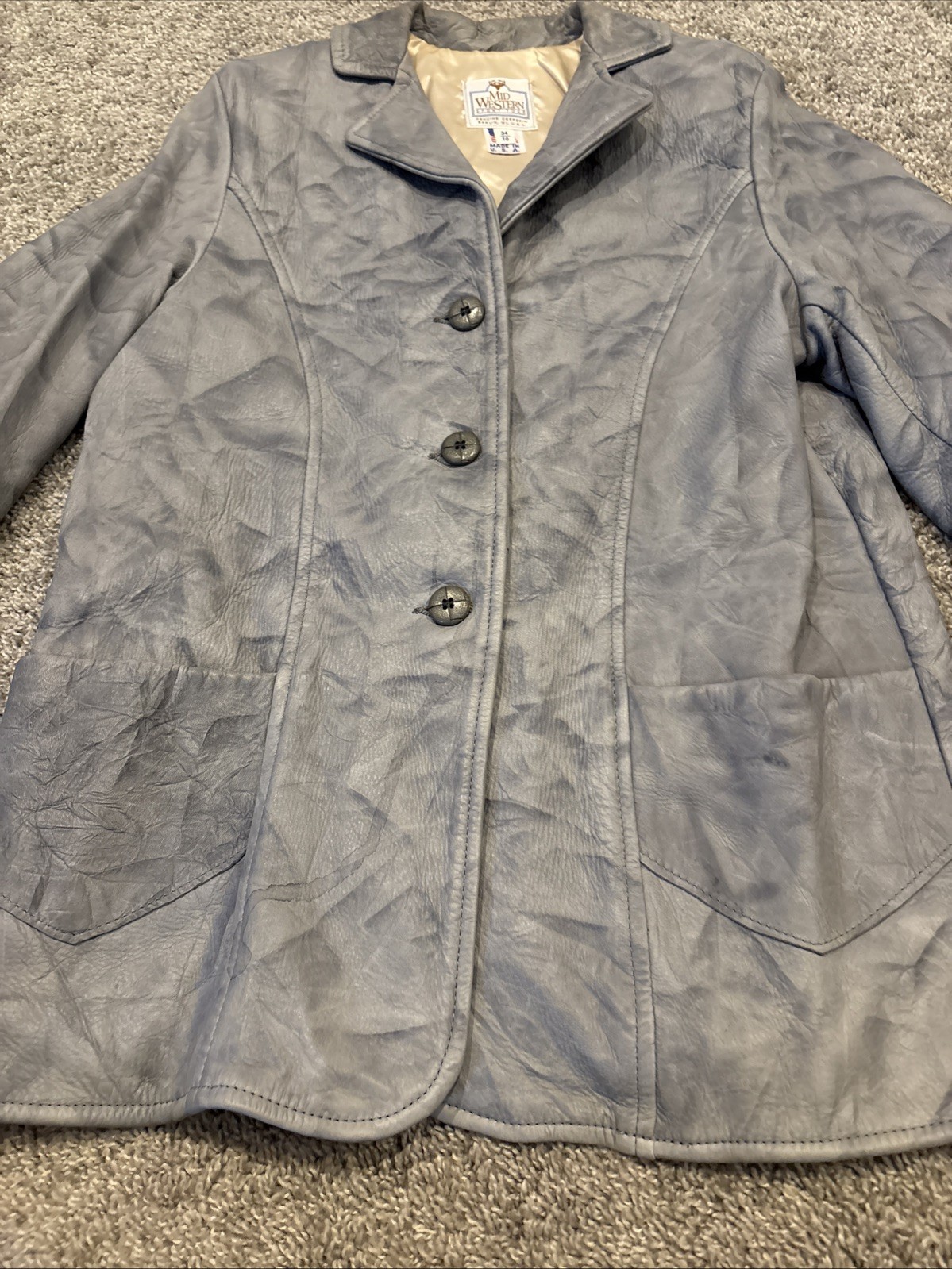 Vintage Midwestern Sport Button Gray Leather Deerskin Jacket Made In USA 34/10