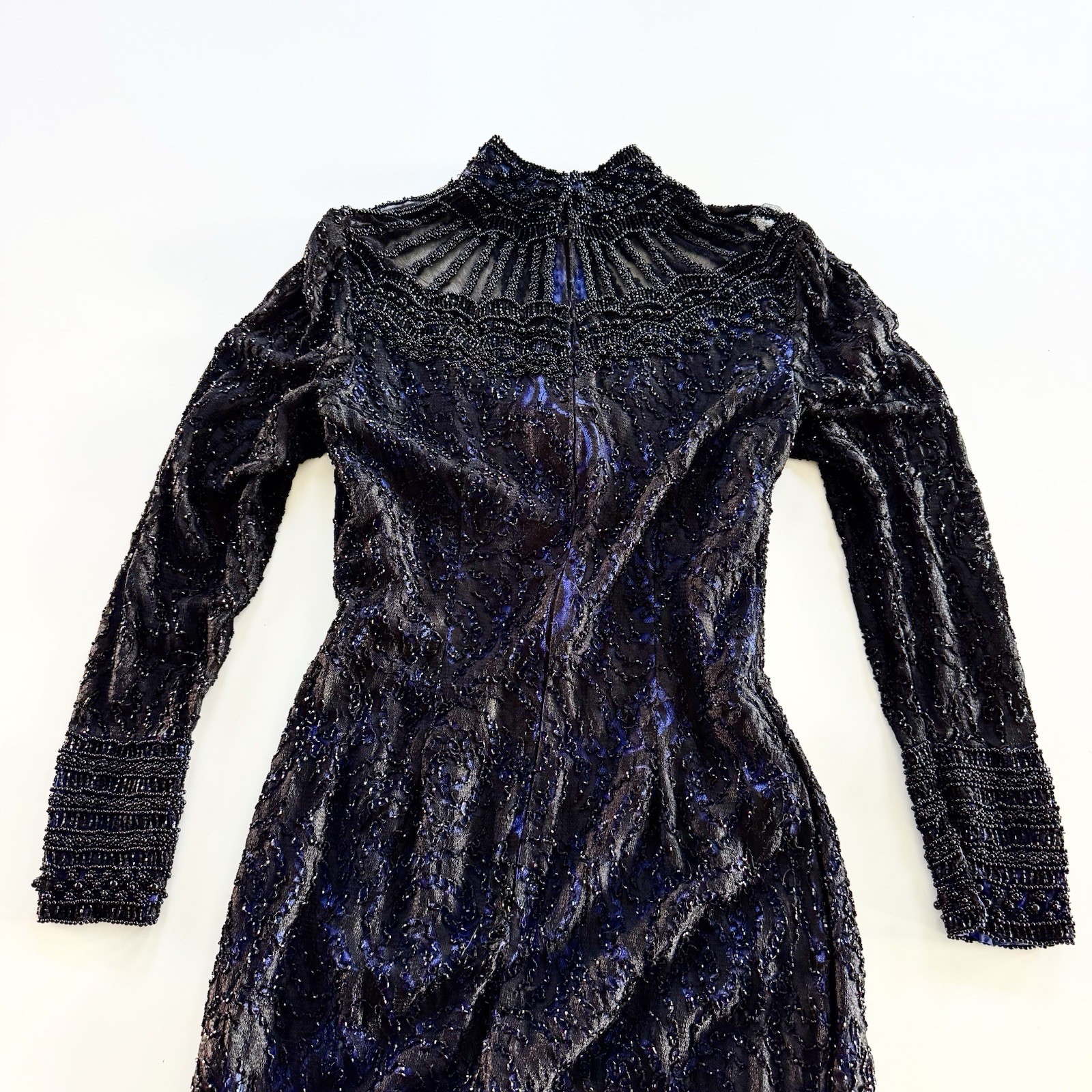 Vintage Handmade Regal Black Beaded Evening Gown With Front Slit Size Small