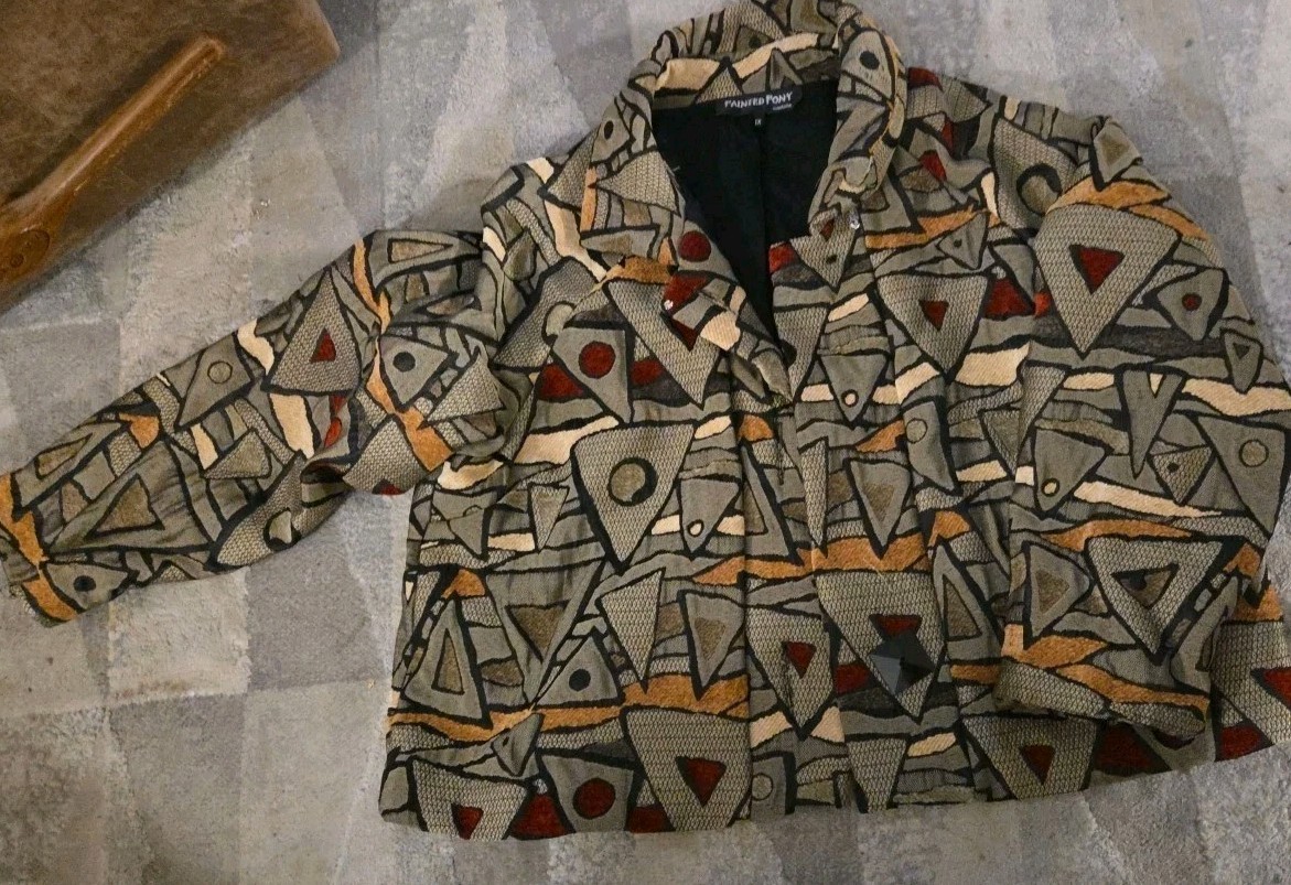 Vintage Painted Pony Open Front Jacket Artsy Textile Geometric USA Made Size 1X