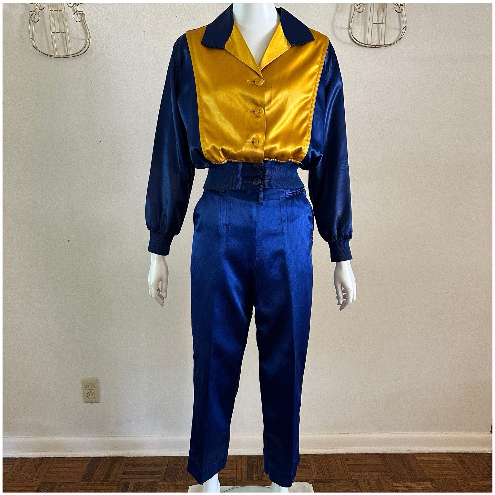 1930s Lowe & Campbell Blue Gold Satin Sportswear Set Western Ranchwear Rodeo