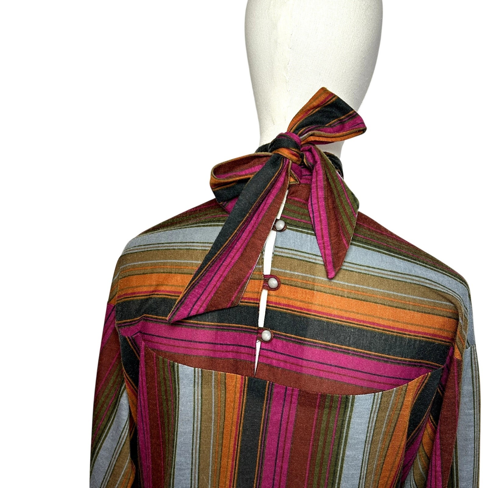 VTG 70s Knit Turtleneck Midi Dress L Pussy Bow Multicolor Bespoke Retro Twee