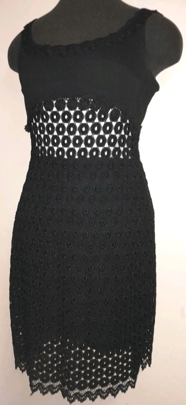 Vtg 1990s 2000s Y2K Black SAGAIE eyelet FRANCE Cut Out Daisy Mid Drift Dress S-M