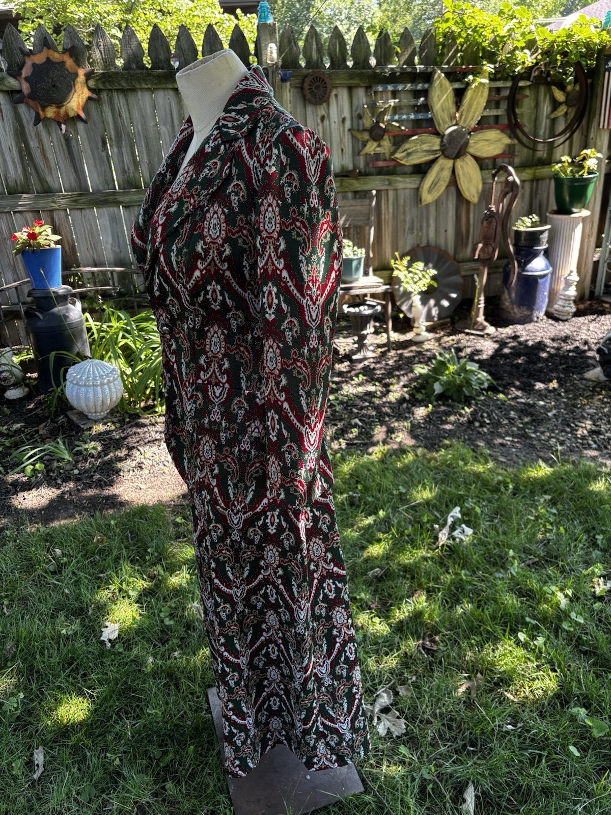 VTG 70s Leisure Suit Paisley Green Red Polyester Women Sz S Bust 34″ Skirt 26W”