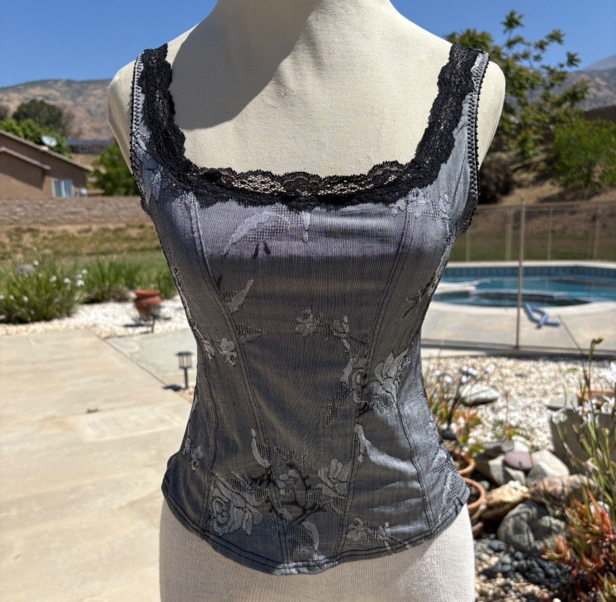 Vintage Y2k ARIANNE Lingerie Grey Floral Stretch Lace Camisole Top M