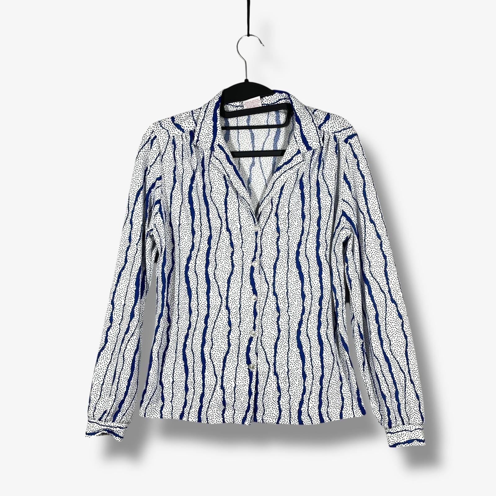 Graff Californiawear Blouse Womens S White Blue Polka Dot Stripe Vintage 70s